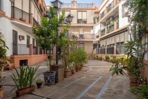 a courtyard of an apartment building with potted plants at LUCIA DE TRIANA in Seville