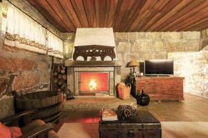Il comprend un salon avec une cheminée et une télévision. dans l'établissement Casa da Alvarinha Privada rodeada de Natureza, à Paredes