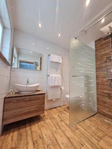 a bathroom with a sink and a glass shower at Ferienwohnung Jekarie in Weimar +6 photos
