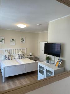 a living room with a bed and a flat screen tv at Gasthaus Stammbaum in Andernach