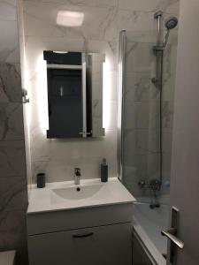 a bathroom with a sink and a shower at Apartman Valinor in Miholašćica