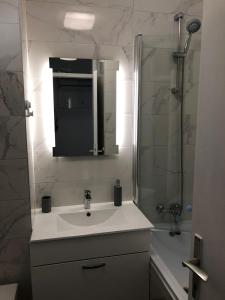 a bathroom with a sink and a shower at Apartman Valinor in Miholašćica +58 photos