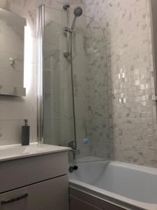 a bathroom with a shower with a tub and a sink at Apartman Valinor in Miholašćica