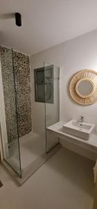a bathroom with a sink and a shower and a mirror at EL Gouna Swan Lake Apartment in Hurghada