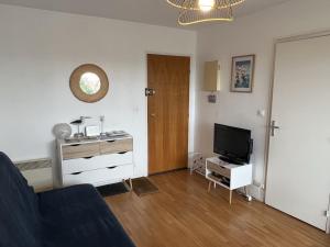 a living room with a couch and a television at Appartement 2 pièces en front de mer avec balcon, à 70m de la plage de Cabourg - FR-1-487-287 in Cabourg