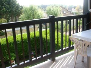 a balcony with a black railing and a green yard at Appartement 2 pièces en front de mer avec balcon, à 70m de la plage de Cabourg - FR-1-487-287 in Cabourg +1 photo