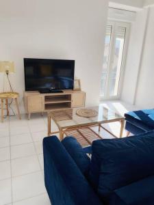 a living room with a blue couch and a tv at Beure maison chaleureuse et cosy in Beure