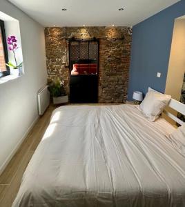 紹萊的住宿－La bâtisse de Manel，砖墙客房内的一张大床