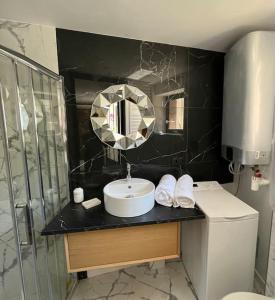 a bathroom with a sink and a mirror on a counter at La bâtisse de Manel in Cholet