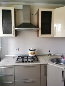 uma cozinha com um fogão e um lavatório em 1 комн квартира в центре em Qostanay