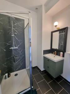 La salle de bains est pourvue d'une douche, d'un lavabo et d'un miroir. dans l'établissement La Trappiste, à Liévin