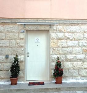 een voordeur van een bakstenen gebouw met twee planten bij Donna Flor casa vacanze in Barletta