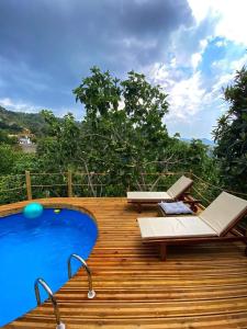 a wooden deck with a swimming pool and a chair at Aprosmeno Jacuzzi House 3 With Private Pool in Agros