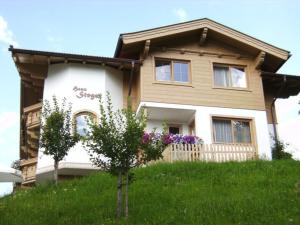 dom na wzgórzu z drzewem przed nim w obiekcie Appartment Steger Klara w mieście Mittersill