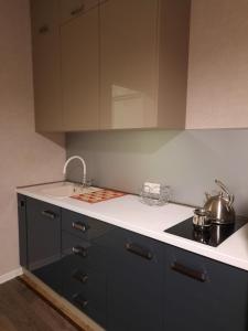 a kitchen with black cabinets and a stove top oven at Futuristic 1 Bedroom Apartment next to Vake Park in Tbilisi City