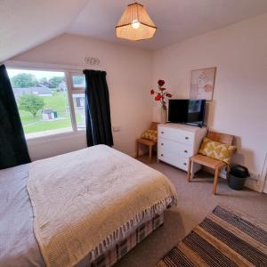 a bedroom with a bed and a tv and a window at 19 the Coombe in Bude