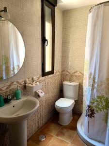 a bathroom with a toilet and a sink and a mirror at Casa en el valle del tietar in Lanzahita