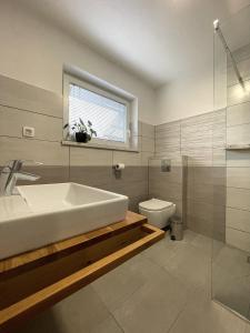 a bathroom with a sink and a toilet and a window at Apartments and rooms pri Bašlju in Cerkno