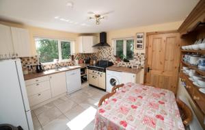 a kitchen with a table and a stove top oven at Ballygown Cottage in Torpys Cross Roads
