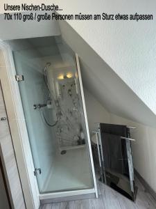 a mirror in a bathroom with a shower under the stairs at Ferienwohnung Goslar am Marktplatz A4 in Goslar