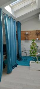 a room with blue curtains and a table and a plant at Relais Officina del Tempo in Paese