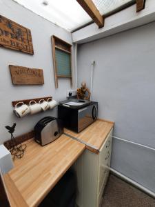 a kitchen with a counter with a microwave on it at Gower Pods in Penclawdd