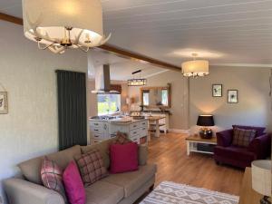 a living room with a couch and a kitchen at Hollicarrs - Dragonfly Lodge in York