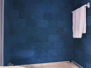 a blue bathroom with a tub and a toilet at SOL- CARLOS V Apartaments in Madrid +33 photos