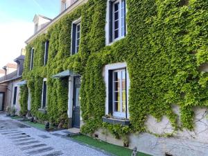 un edificio cubierto de hiedra con una puerta y ventanas en Chambre d'hôtes - La Pinstrie, 