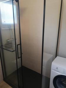 a glass shower in a bathroom with a washing machine at Apartment Nada 2 in Malinska +4 photos