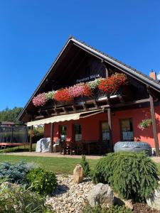 un edificio con cajas de flores en la parte delantera en Penzion Major en Rokytnice nad Jizerou