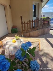a patio with a table with blue flowers and a fence at Studio Cosy proche Grand-Champ Home Sweet Home in Plumergat