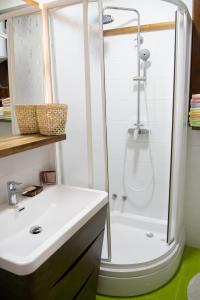 ein Bad mit einer Dusche und einem weißen Waschbecken in der Unterkunft Apartmani Šišava Apt. Nancy in Vlasic