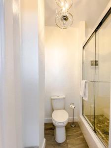 uma casa de banho com um WC e uma cabina de duche em vidro. em Hotel du Vieux Port by Bower Boutique Hotels em Shediac