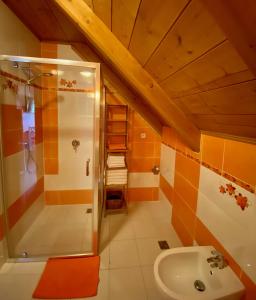 y baño con ducha y lavamanos. en Penzion Major, en Rokytnice nad Jizerou