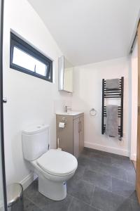 a white bathroom with a toilet and a window at Cheerful 1BD Cottage with Parking Nr Guildford in Guildford