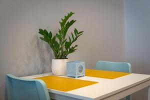 een tafel met een potplant erop bij Boulevard Studio Apartment in Novi Sad