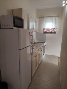 eine Küche mit einem weißen Kühlschrank und einer Mikrowelle in der Unterkunft Boka Bay Apartments in Herceg-Novi