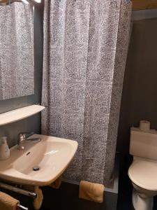 ein Badezimmer mit einem Waschbecken, einem WC und einem Duschvorhang in der Unterkunft CURUNA Hotel-Garni in Scuol