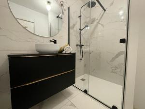 La salle de bains est pourvue d'un lavabo et d'une douche. dans l'établissement Chez Paul et Louis, à Rodez