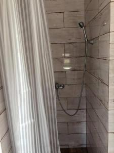 a shower with a shower curtain in a bathroom at Noclegi U Bram Klasztoru in Stary Sącz