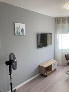 a white living room with a television and a fan at Ferienwohnung Winkler in Augsburg