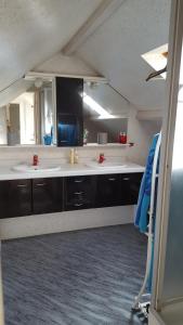 una cucina con lavandino e grande specchio di CHAMBRE DANS VILLA a Mulsanne