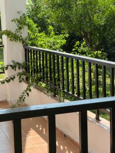a black railing on a balcony with a tree at Santa Catalina in Kalivia Poligirou