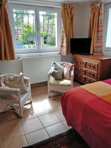 1 dormitorio con 1 cama, 2 sillas y TV en T1 ou T2 dans villa avec jardin proche Biarritz en Anglet