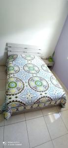 Una cama con edredón en una habitación en La maison Bras des Songes, en Saint-André