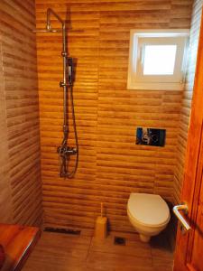 ein Bad mit einem WC und einer Dusche in der Unterkunft ACHILLEAS PEACEFUL PLACE in Skála Sikiás