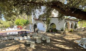 un parque con mesas y bancos bajo un árbol en Masia Rural Les Alsines en Valls