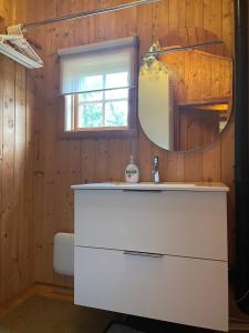 een badkamer met een witte wastafel en een spiegel bij Charming Mountain Cabin in Oppdal