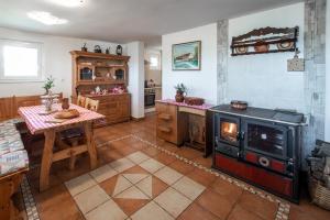 eine große Küche mit einem Tisch und einem Backofen in der Unterkunft ZIDANICA KRŠTINC in Straža